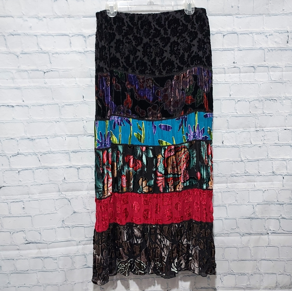 Witchy Boho Maxi Skirt Chicos Size 1 M Burnout Artsey Lagenlook Festival Hippie
